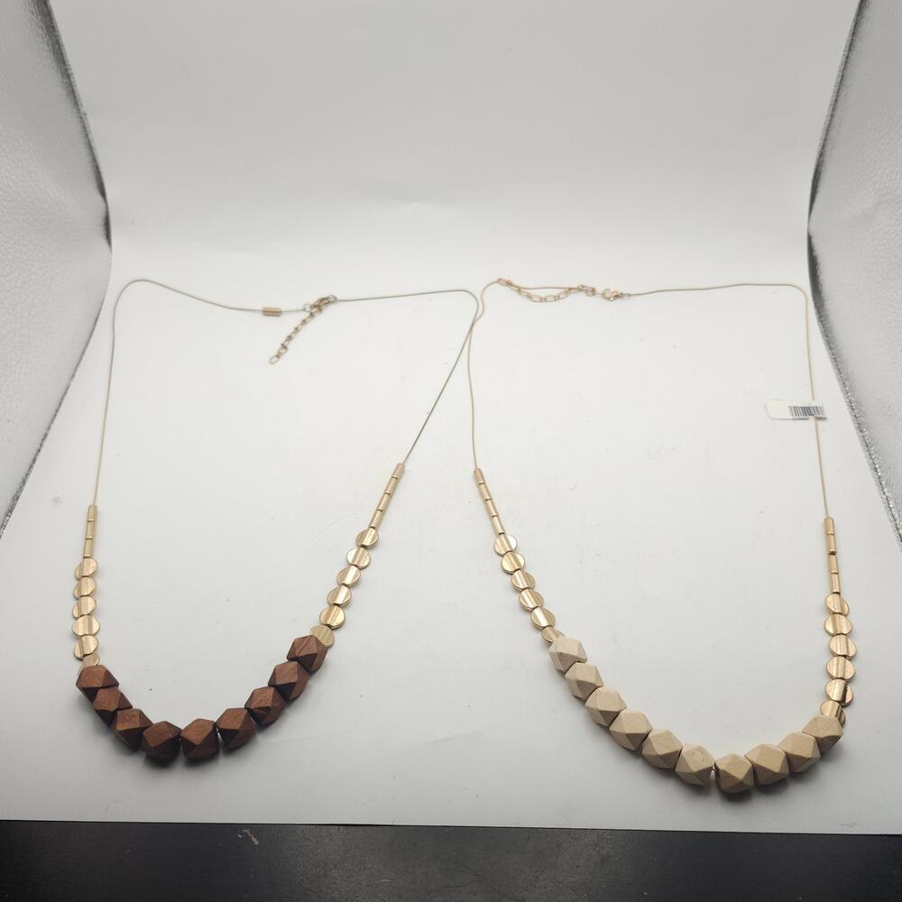 Lot 2 Faceted Wood Bead Statement Necklaces Gold Tone Brown Beige Boho Set